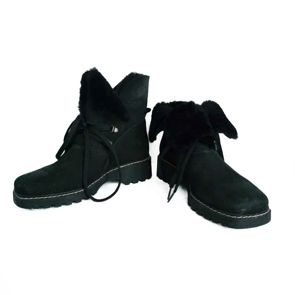 La Canadienne Shearling Lace Up Booties Womens 6.5 M Black Square Toe Waterproof